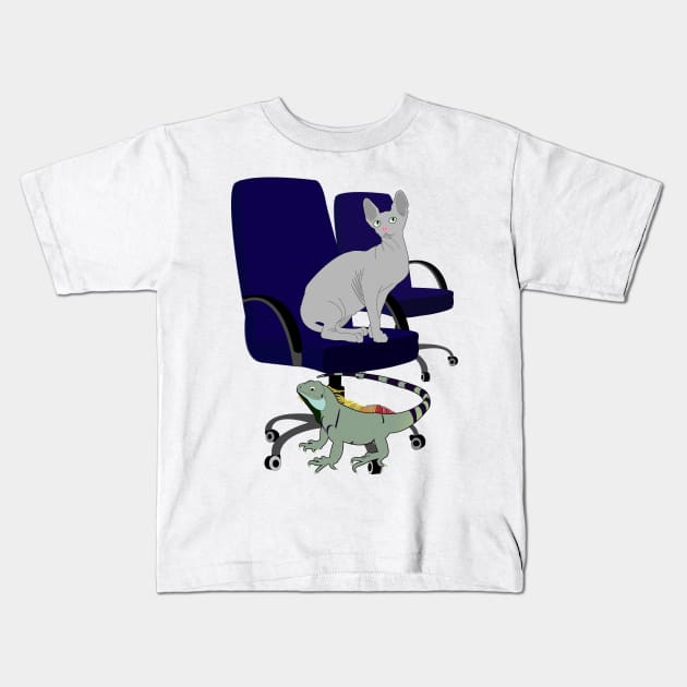 Chair, Iguana and Cat Kids T-Shirt by momomoma